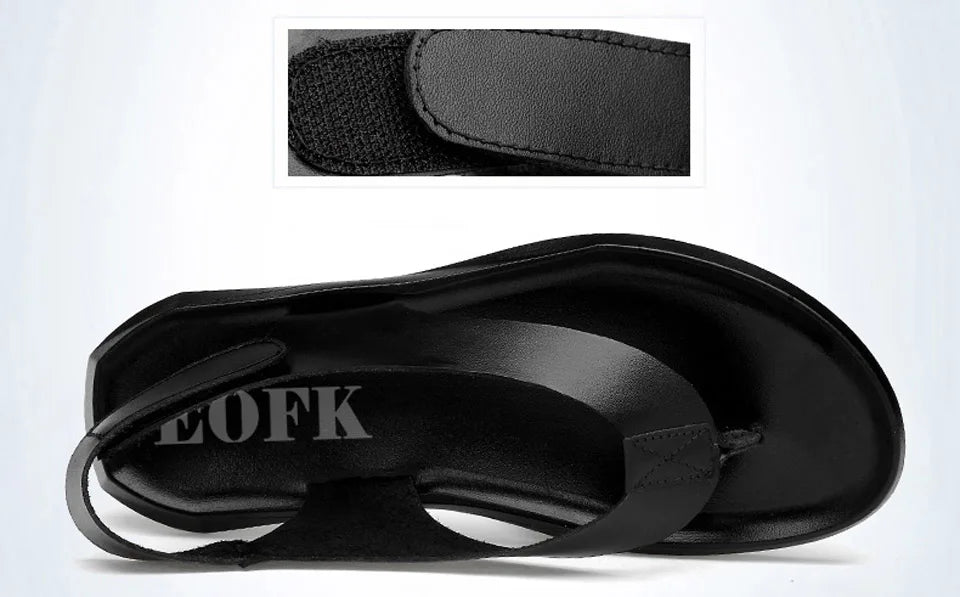 EOFK Summer Men Genuine Leather Sandals New Design Fashion Casual Black Slip on Sandals Leather Flip Flops Man Men's Flat Rubber