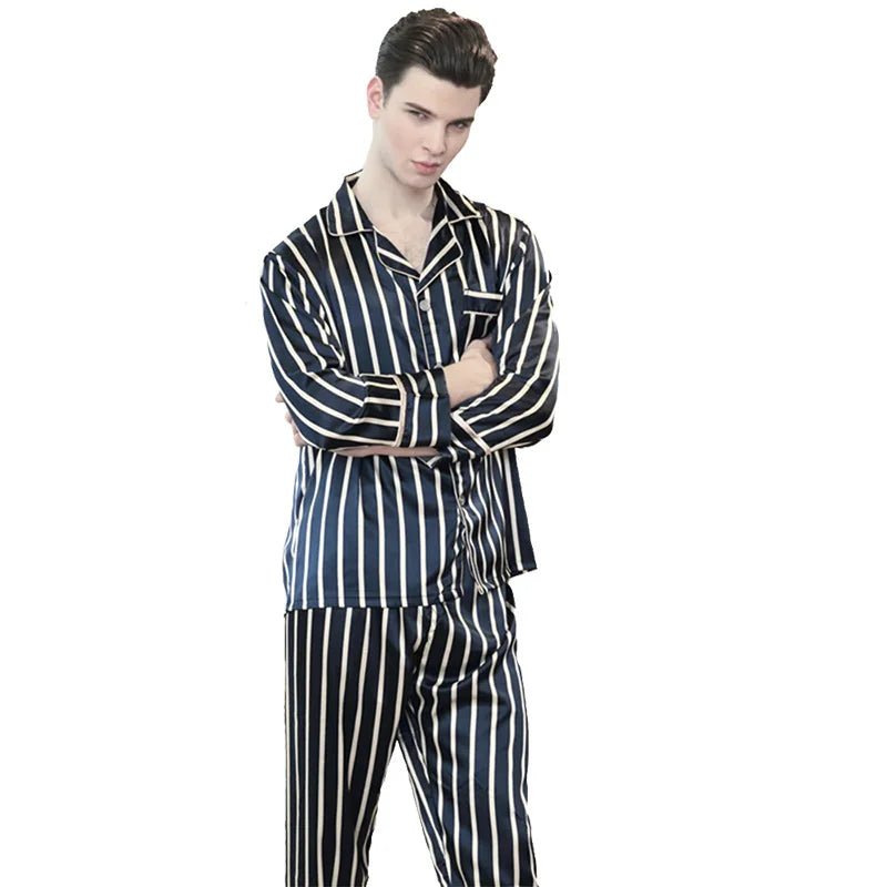 Men's Modern Style Striped Silk Satin Sleepwear Long-Sleeved Two-piece Suit Set Home Clothes All Seasons Leisure Nightwear J055