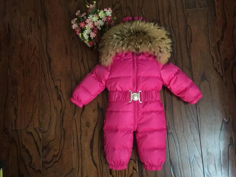 Russian Winter Boys Girls 1-5Y Winter Overalls Baby Rompers Duck Down Jumpsuit Real Fur Collar Children Outerwear Kids Snowsuit