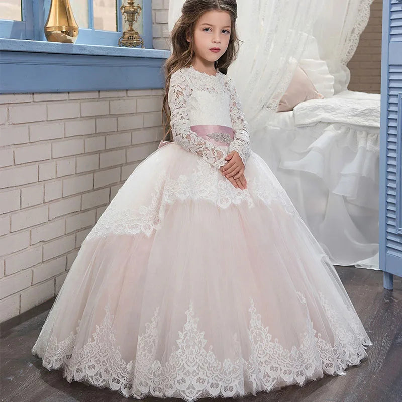 Long Sleeves Lace Blush Pink Baby Girl Summer Clothes Kid Dresses Toddler Girl Ball Gown For Wedding Party vestidos de comunion