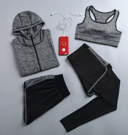Quick dry women yoga clothing hooded coats+t shirt+bra+shorts+pants sets women autumn outdoor running sportswear gym Suits