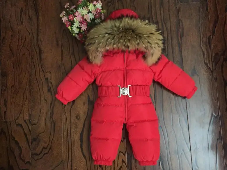 Russian Winter Boys Girls 1-5Y Winter Overalls Baby Rompers Duck Down Jumpsuit Real Fur Collar Children Outerwear Kids Snowsuit