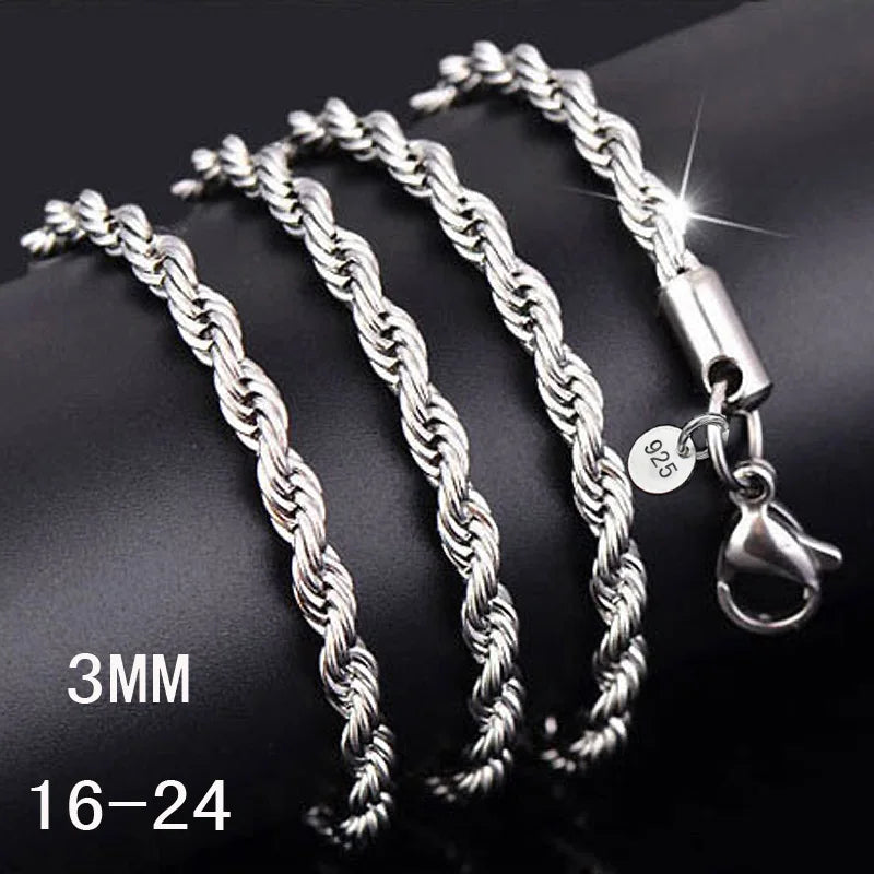 10Pcs 2-4MM Silver Plated Twist Rope Chain Necklaces With Stamped Wholesale Fashion Jewelry For Women & Men Accessories