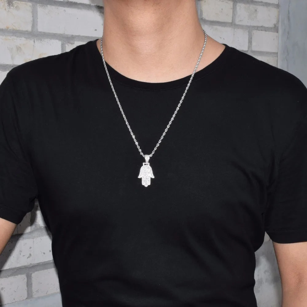 Hand Pendant Necklace Gold Color Cubic Zircon Men's Hip Hop Jewelry
