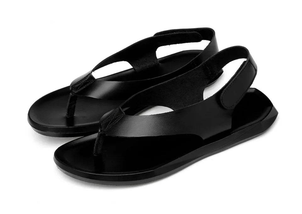 EOFK Summer Men Genuine Leather Sandals New Design Fashion Casual Black Slip on Sandals Leather Flip Flops Man Men's Flat Rubber