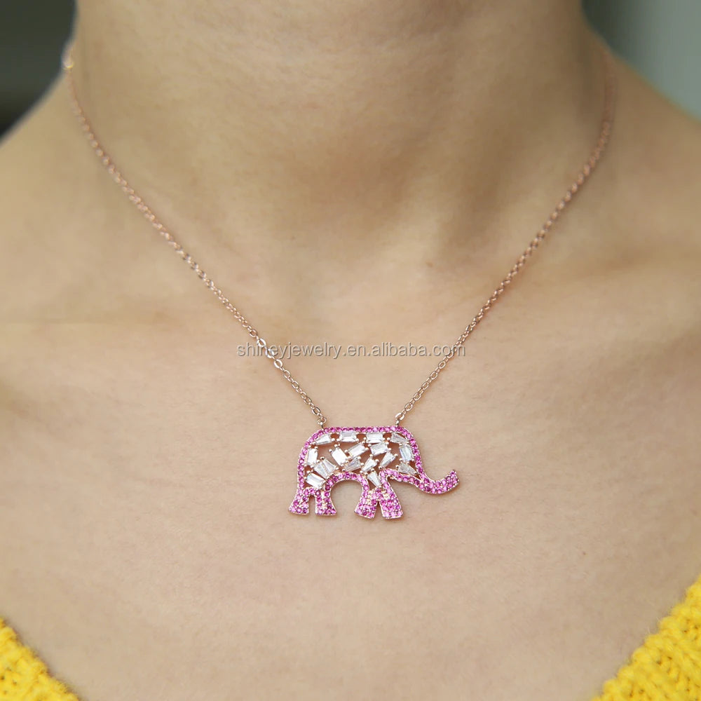 5A Sparking Cubic Zirconia Cz Diamond Rose Gold Plated Elephant Necklace