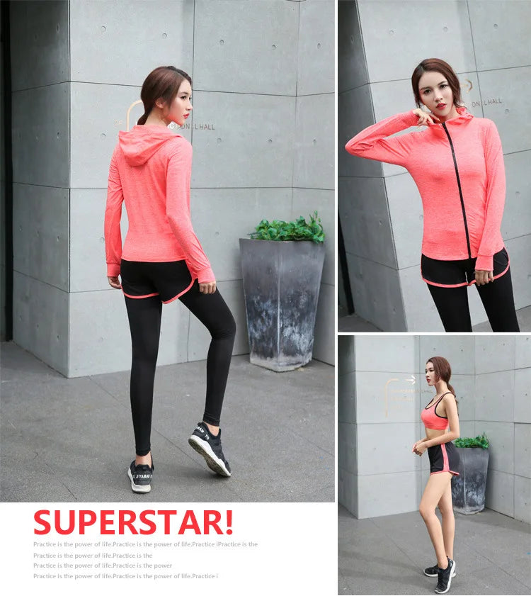 Quick dry women yoga clothing hooded coats+t shirt+bra+shorts+pants sets women autumn outdoor running sportswear gym Suits