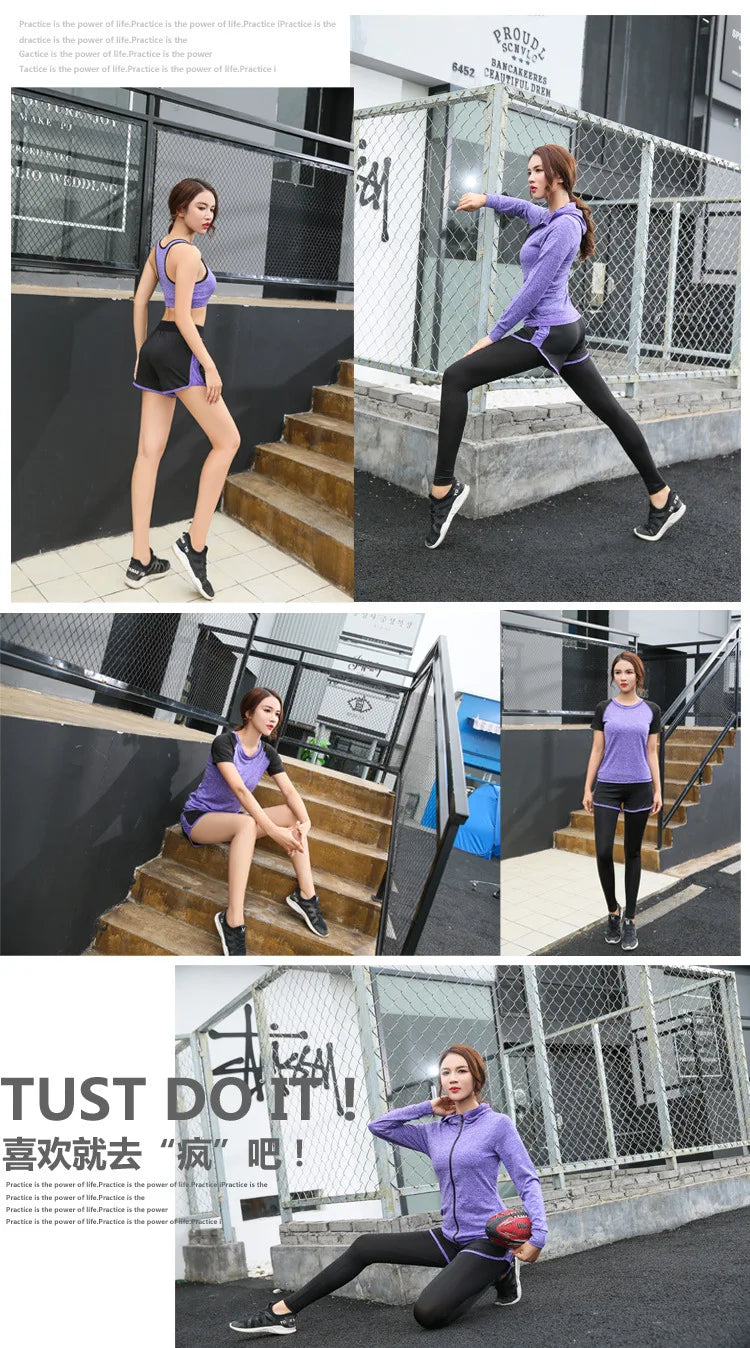 Quick dry women yoga clothing hooded coats+t shirt+bra+shorts+pants sets women autumn outdoor running sportswear gym Suits