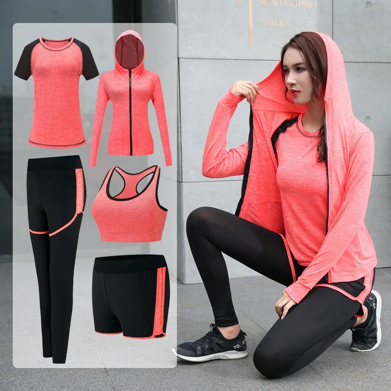 Quick dry women yoga clothing hooded coats+t shirt+bra+shorts+pants sets women autumn outdoor running sportswear gym Suits
