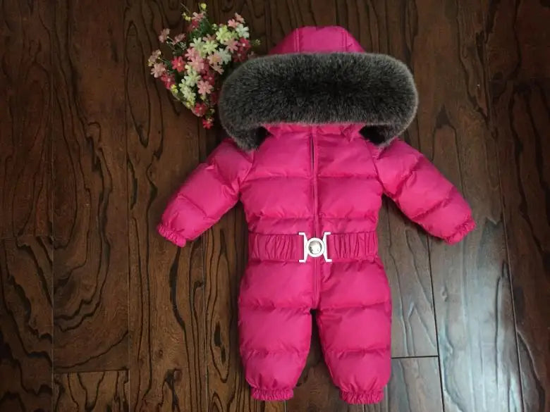 Russian Winter Boys Girls 1-5Y Winter Overalls Baby Rompers Duck Down Jumpsuit Real Fur Collar Children Outerwear Kids Snowsuit