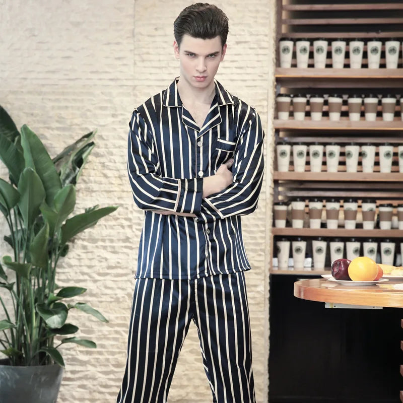 Men's Modern Style Striped Silk Satin Sleepwear Long-Sleeved Two-piece Suit Set Home Clothes All Seasons Leisure Nightwear J055