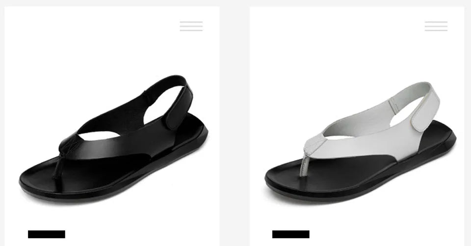 EOFK Summer Men Genuine Leather Sandals New Design Fashion Casual Black Slip on Sandals Leather Flip Flops Man Men's Flat Rubber