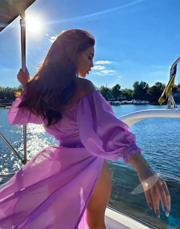Women Summer Fashion Clothing Set Long Sleeve Off Shoulder Tops and Cover Up Skirt Two-piece Suit for Beach Vacation Travelling