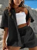 Women Cotton Linen Solid Suit Solid Color Short Sleeve Shirts and Shorts Casual Sports Outfits