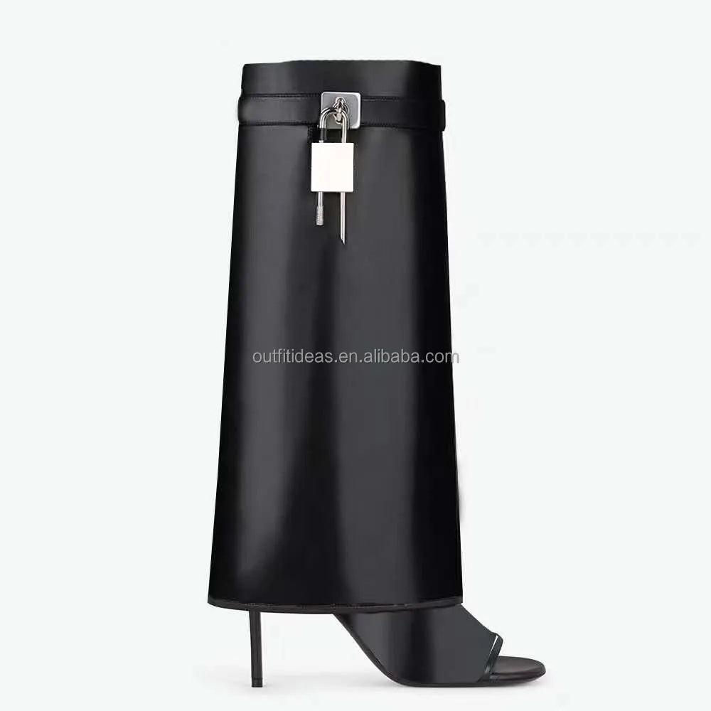 Girls Knee High Leather Boots High Heel Transparent Mesh Sandals Metal Clasp Luxury Women Shark Lock Stiletto Heel Sandal Boots