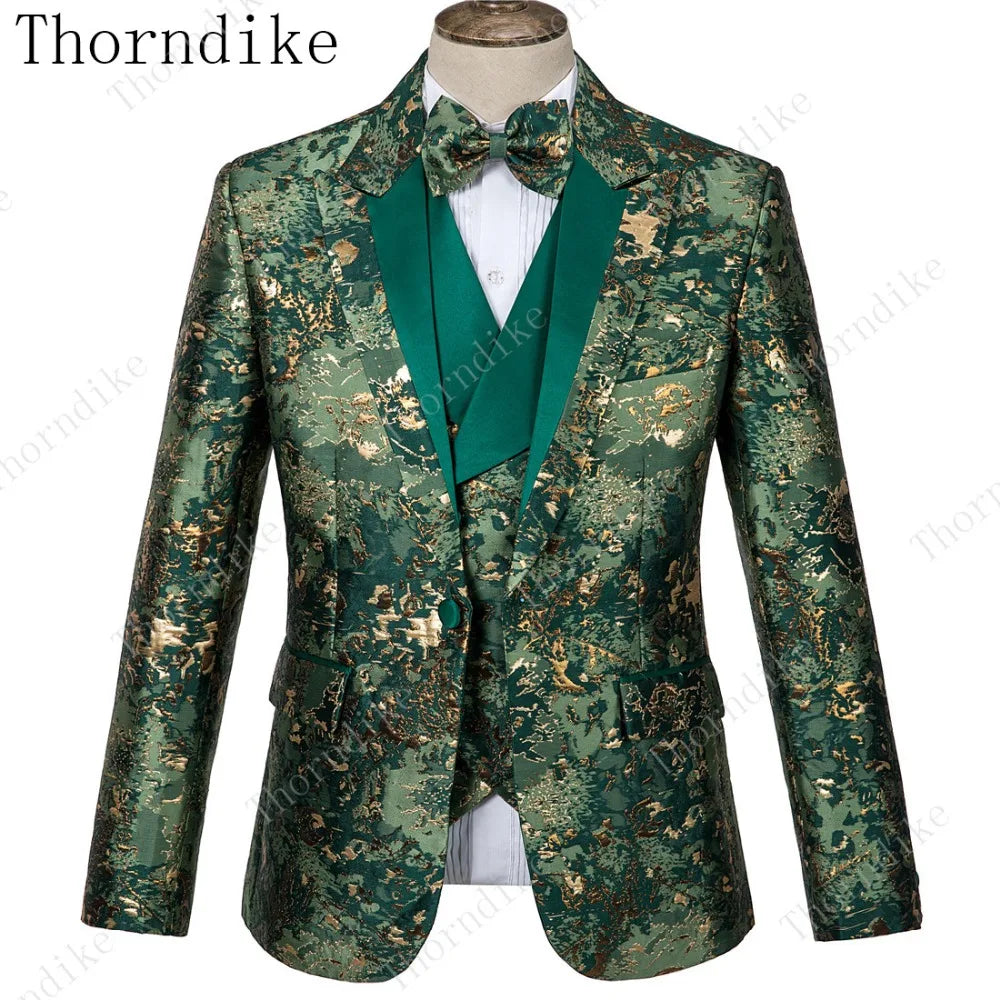 2023 Blazer+Pants+Vest Suits Male Casual Slim Blazer Coat Suit New Man Fashion Green Jacquard Eye-catching High Quality Party