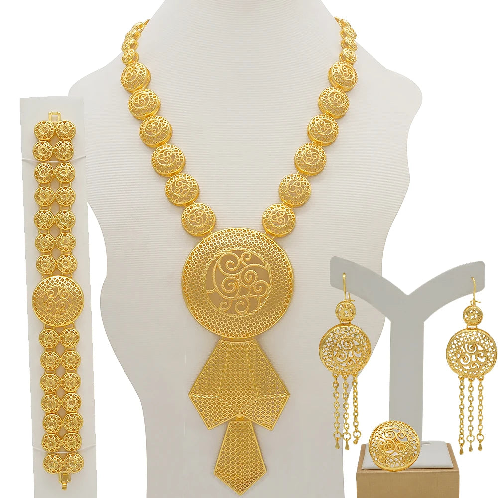 African Gold Color Long Necklace/Earrings/Ring Big Jewelry Set Women Arab Jewelry Wedding Accessories