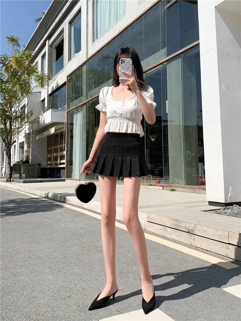 A Line Mini Skirt New Ultra-short Mini Pants Elastic Waist Joker Lace Pleated  Sexy  Fashion Black White Skirt
