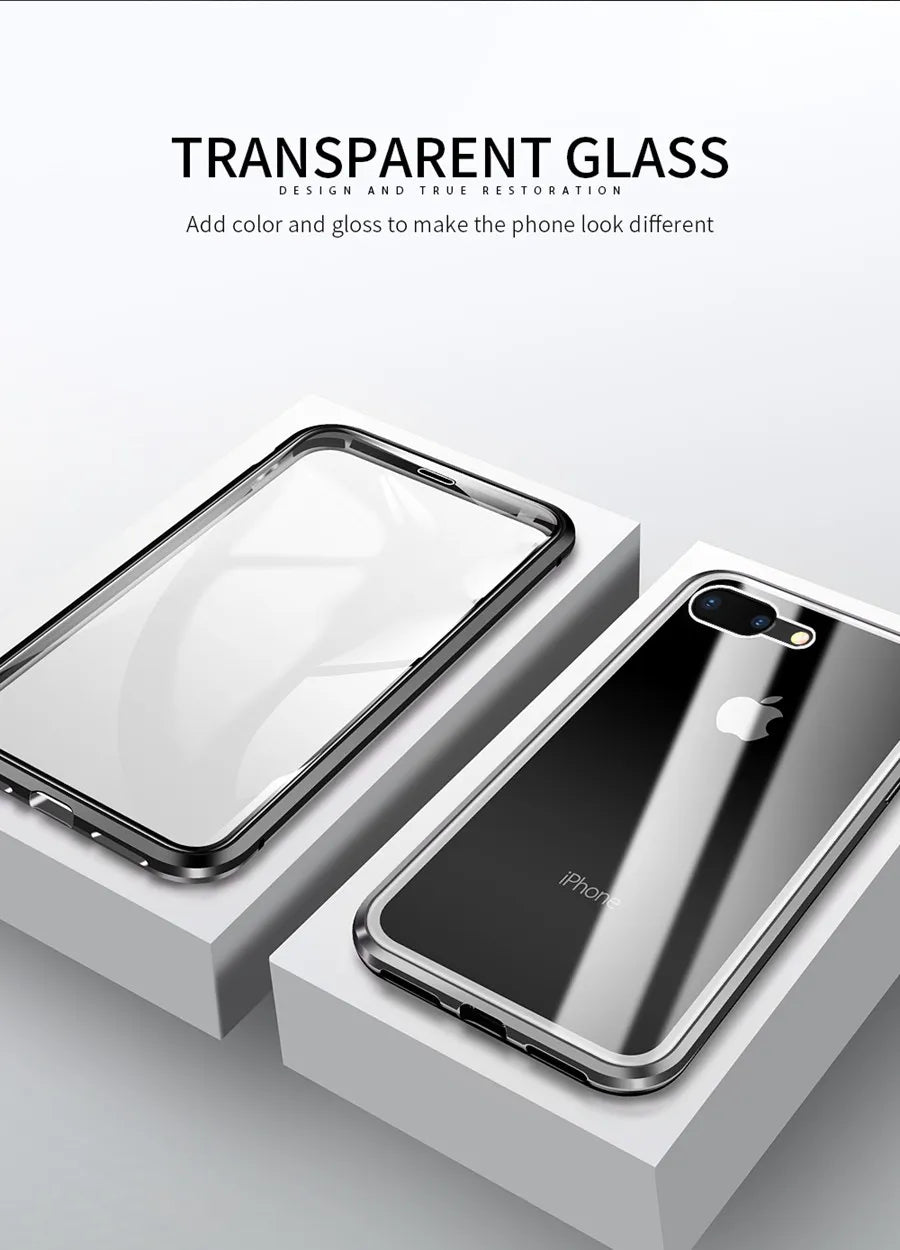 Magnetic Adsorption Case Metal Frame Tempered Glass Back with Built-in Magnet Cover For iPhone 7/8 Plus/iPhone SE 2020 2022