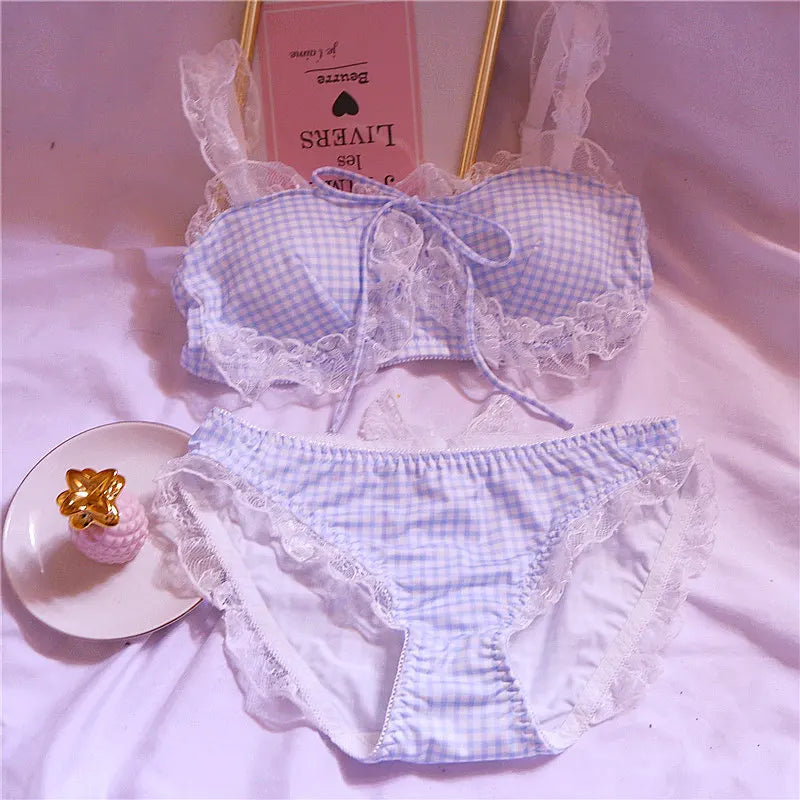Girl Sweet Cute Wire Free Comfortable Bra Set Animie Lolita Women Underwear Suit Sexy Lace Plaid Kawaii Bra and Panty Set