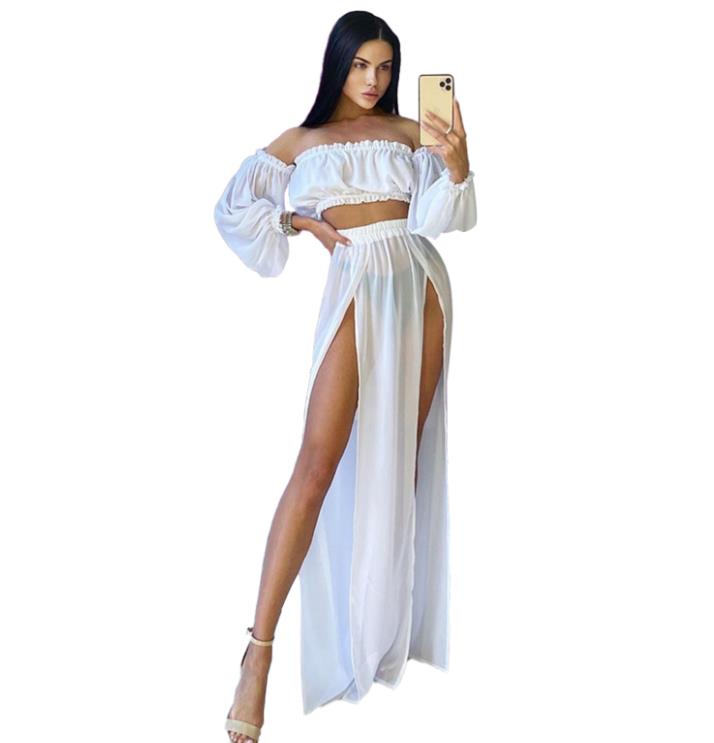 Women Summer Fashion Clothing Set Long Sleeve Off Shoulder Tops and Cover Up Skirt Two-piece Suit for Beach Vacation Travelling