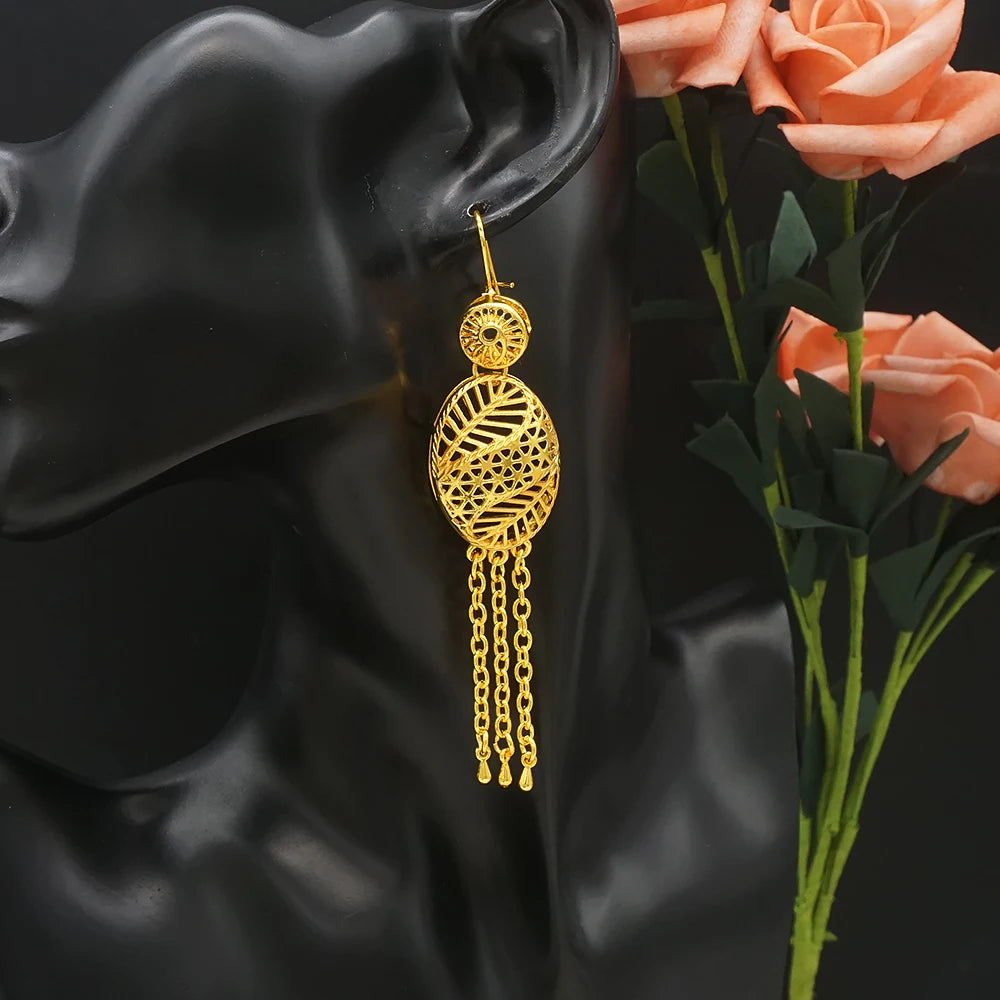 African Gold Color Long Necklace/Earrings/Ring Big Jewelry Set Women Arab Jewelry Wedding Accessories