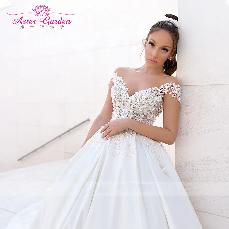 Aster Garden Satin Wedding Dresses 2021 Vestido Noiva Sweetheart Luxury Beaded Lace Princess Bridal Dress A-Line Robe De Mariee