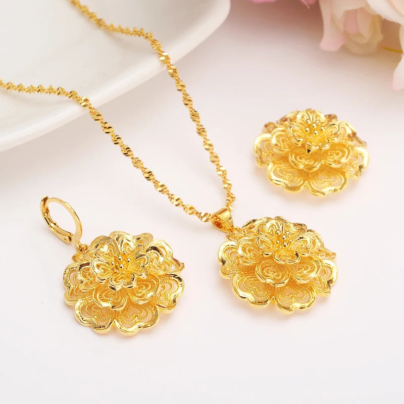 New Top Selling Arab Africa Flower Jewelry Set Women Girls Pendant Necklace Earrings Wedding Bridal Party Gifts