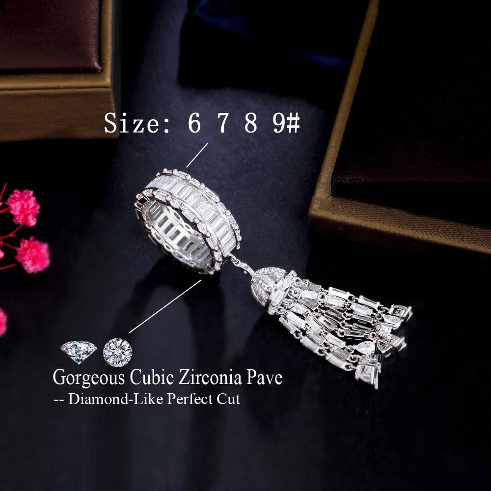 Unique Design Luxury Statement Charms Chic Cubic Zirconia Wedding Long Tassel Finger Rings for Women Bohemian Beach Jewelry