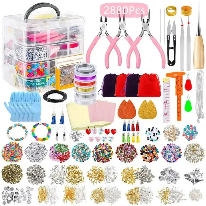 4-layer 2880Pcs Beads Charms Findings Beading Wire Kit for DIY Bracelets Necklace Earrings Jewelry Making