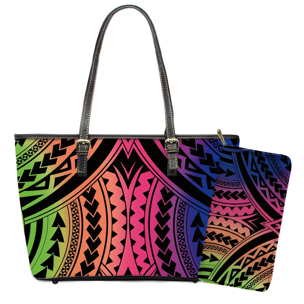 Elegant Polynesian Tribal Hawaii Tropical Leather Purses with Zipper Wallet Luxury Ladies Tote Bag Custom Women's Shoulder Bag