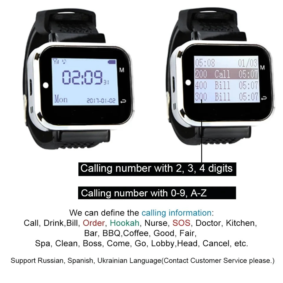 20 Call Button 2 Watch Pager Receiver for Restaurant Cafe Bar Wireless Service Call Bell Guest Calling System Pager