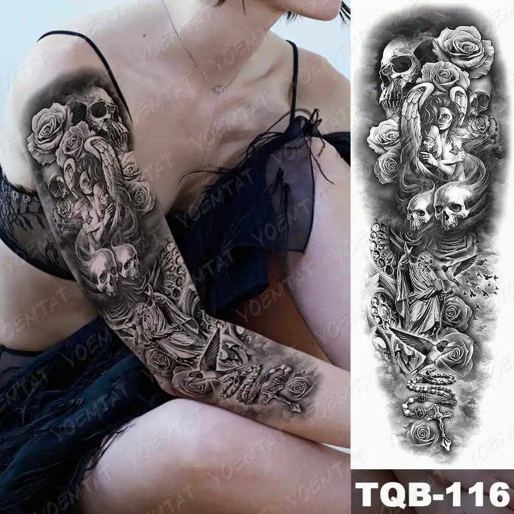 Large Arm Sleeve Tattoo Forest Angel Wolf Lion Waterproof Temporary Tatto Sticker Crown Skull Body Art Full Fake Tatoo Women Men
