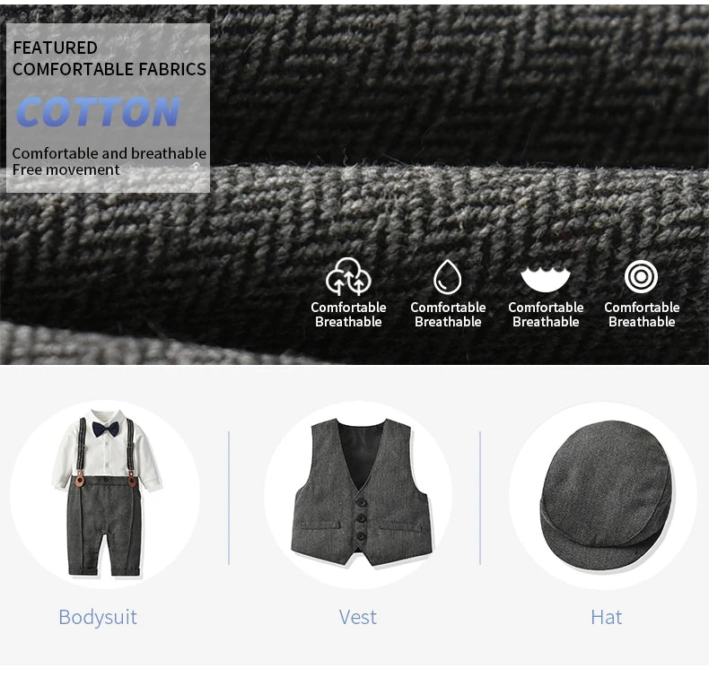 Newborn Boy Formal Clothes Set Infant Boy Gentleman Birthday Romper Outfit With Hat Vest Long Sleeve Infant Jumpsuit Suit Formal