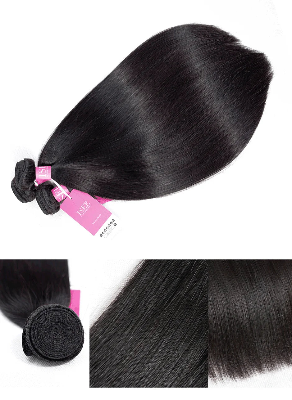 ISEE HAIR Brazilian Straight Hair Extensions Hair Weave Bundles Nature Color 3 Bundles Thick Straight Human Hair Bundles