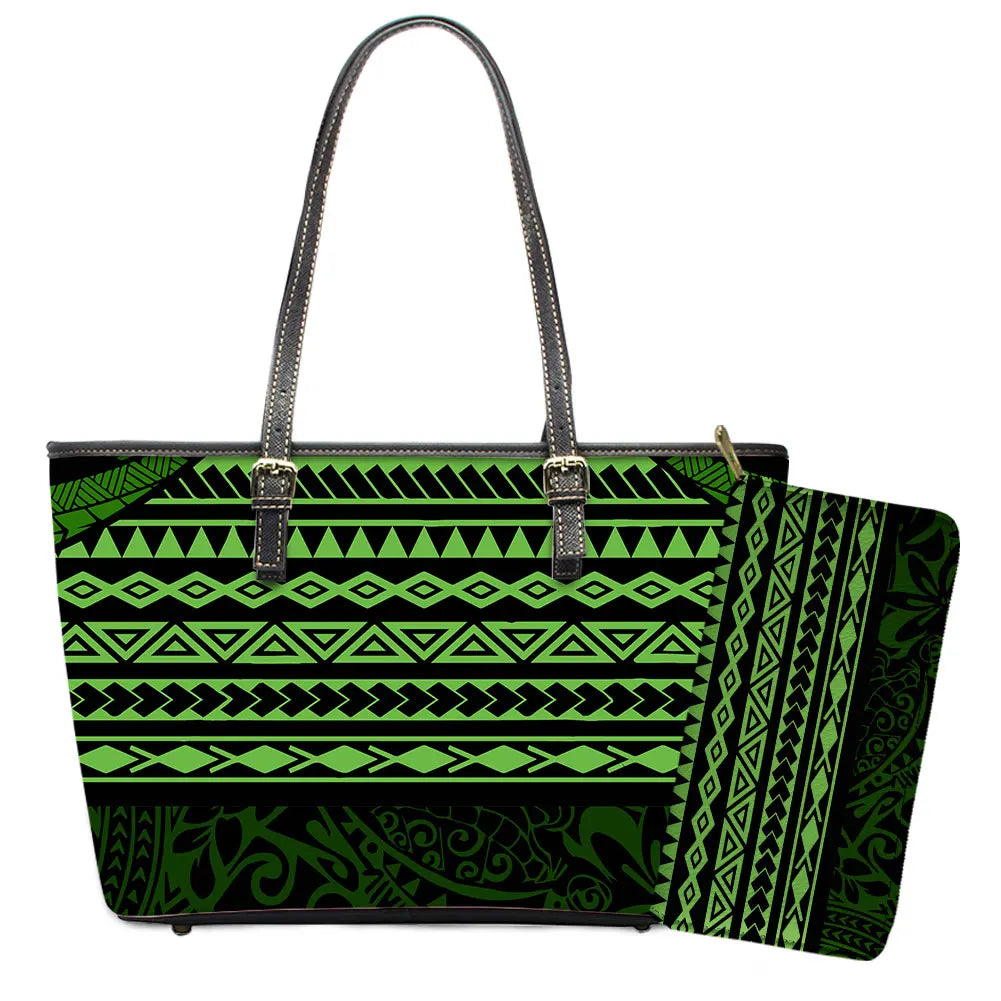 Elegant Polynesian Tribal Hawaii Tropical Leather Purses with Zipper Wallet Luxury Ladies Tote Bag Custom Women's Shoulder Bag