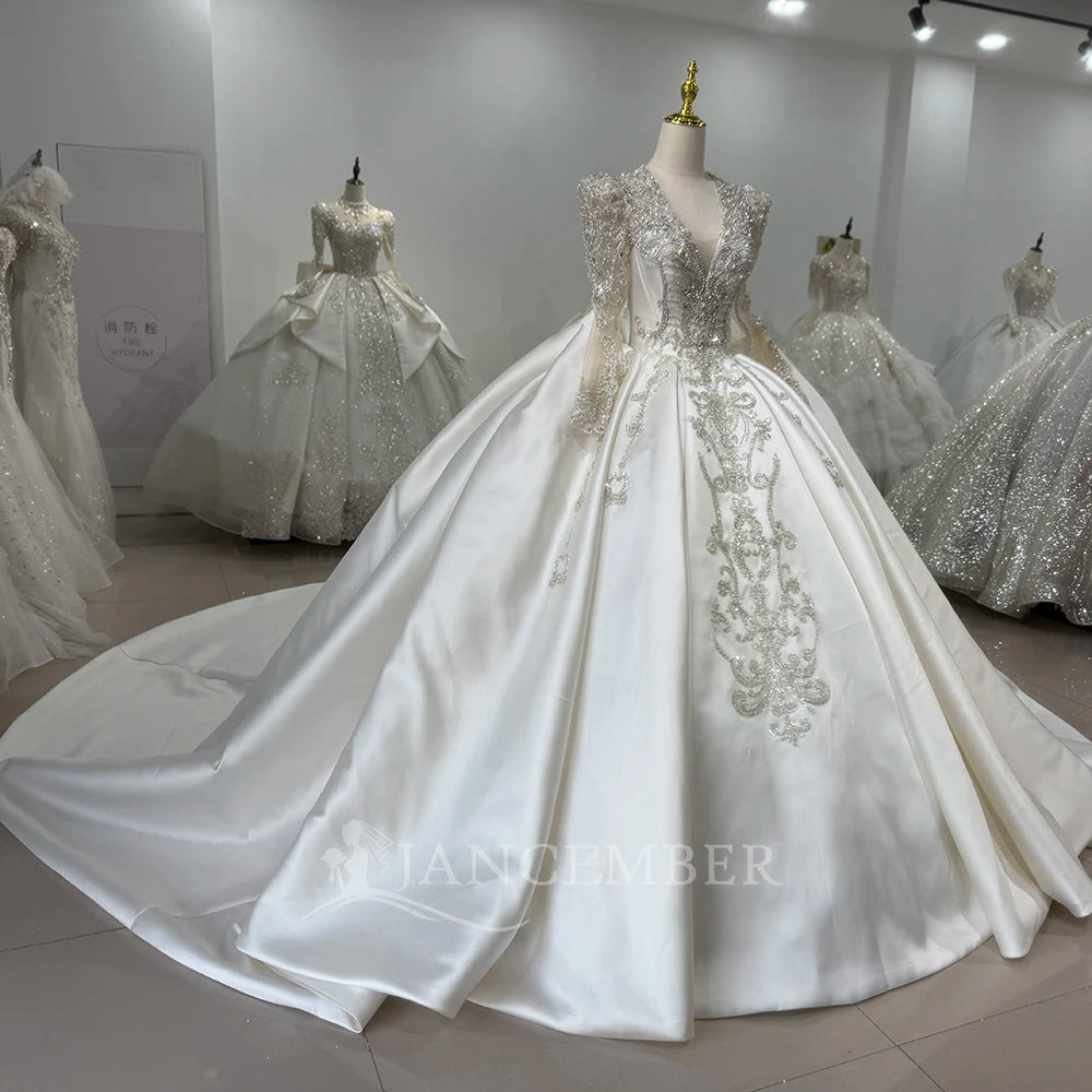 Vintage High-End French Light Luxury Wedding Dress New Bride Long Sleeve Satin Xs153