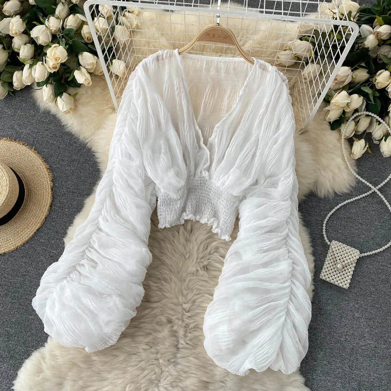 Summer Sexy Draped Chiffon Blouse For Women Elegant V-Neck Puff Long Sleeve Short Tops Female Slim Party Shirts 2022 New Fashion