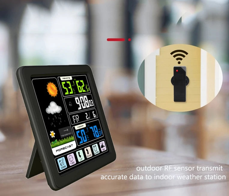 Touch Screen Electric Alarm Clock  Wireless Weather Station Digital Wall Clock Outdoor Temperature and Humidity Sensor