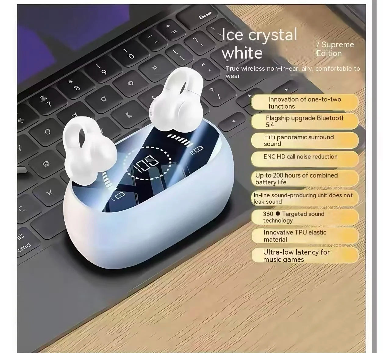 Ultra-Long Battery Life Wireless for BT Headphones with Smart Digital Display Sports Ear Clips Bone Conduction Technology