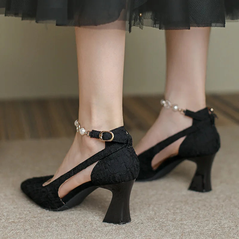Fashion Women's High Heel Sandals Mature Ladies Thick Heel Pointy Toe Shoes Pearls Chain Casual Shoes for Woman Dressy Sandals