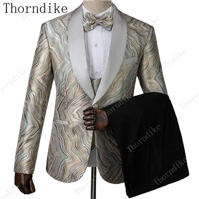 2023 Blazer+Pants+Vest Suits Male Casual Slim Blazer Coat Suit New Man Fashion Green Jacquard Eye-catching High Quality Party