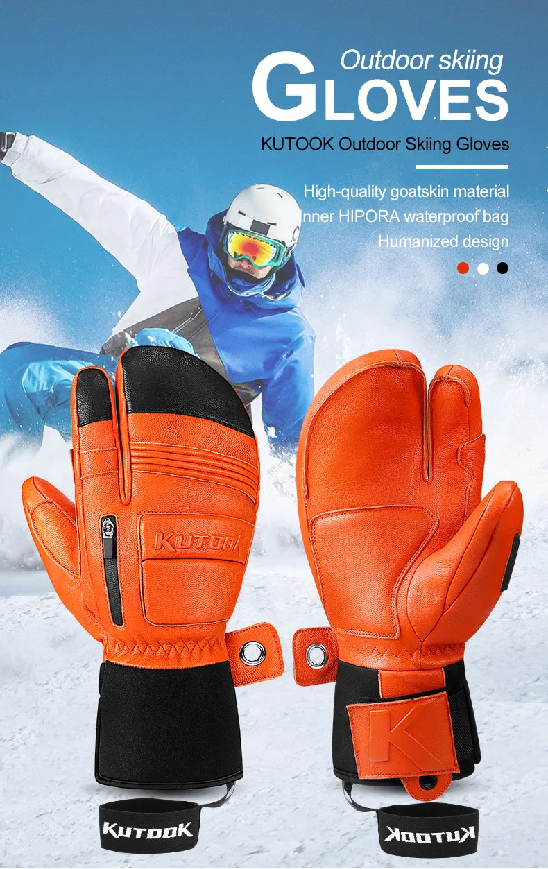 KUTOOK Goatskin Leather Ski Gloves Mittens Waterproof Thicken Winter Snow Snowboard Gloves Thermal Warm Skiing Gloves for Men