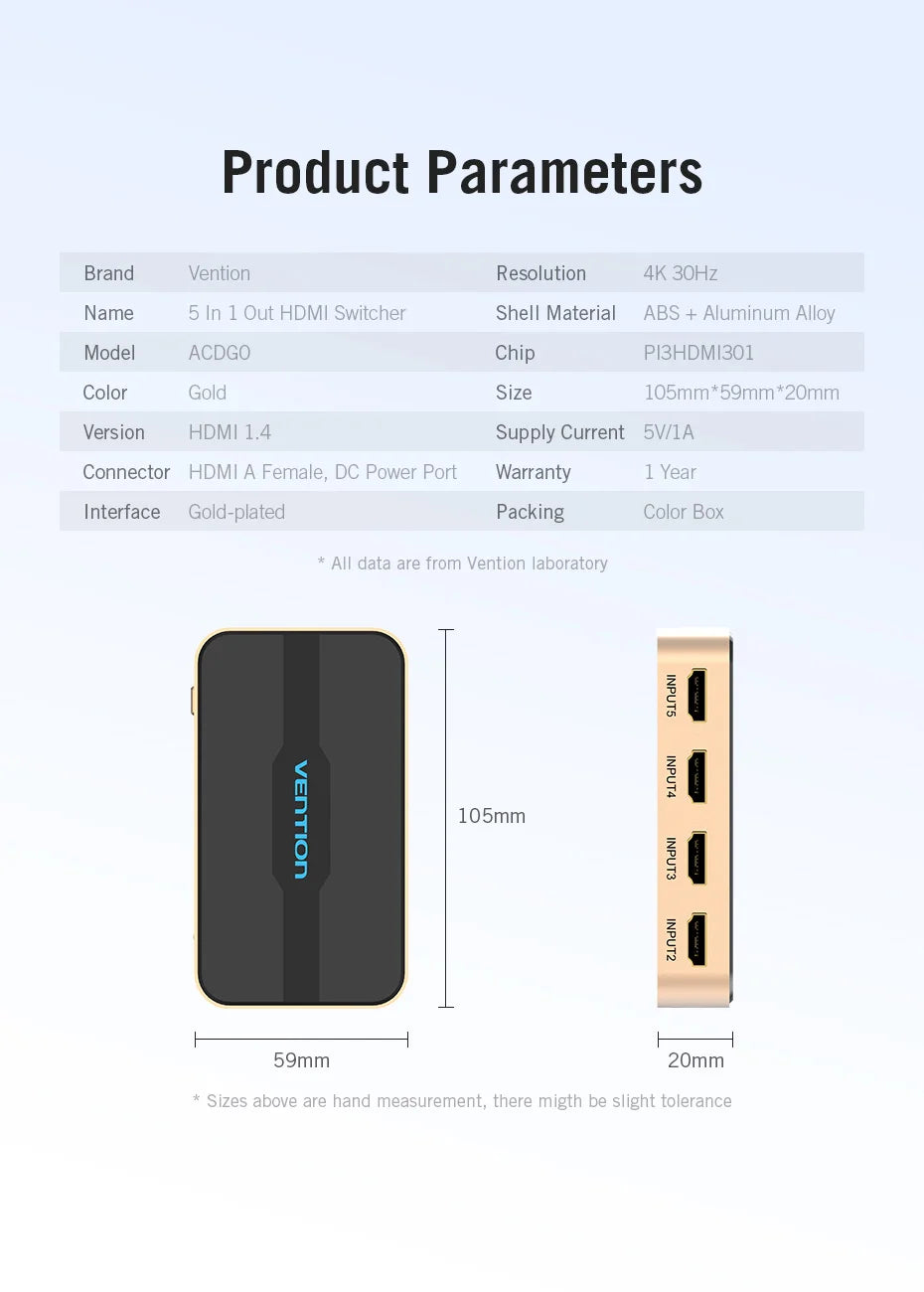 Vention HDMI Splitter 5 Input 1 Output HDMI Switch 5x1 for XBOX 360 PS4 Smart Android HDTV 4K 5 in 1 out HDMI Switcher Adapter