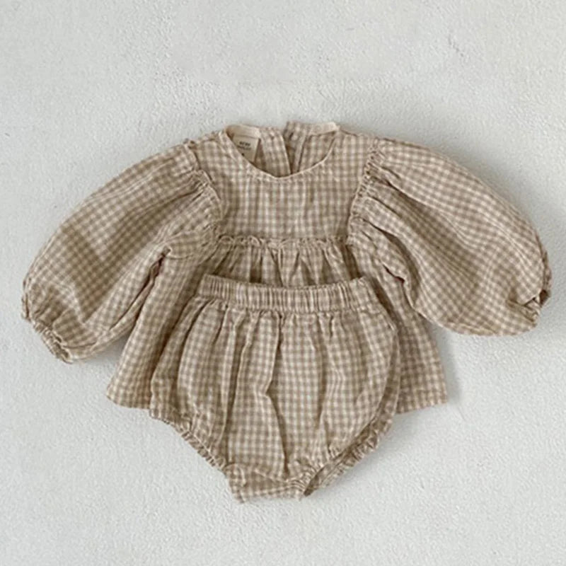 Baby Girls Suit 2022 Baby Girls Clothes Little Plaid Infant Girls Clothes Set Puff Sleeve Blouse + Bloomer 2pcs Toddler Clothes