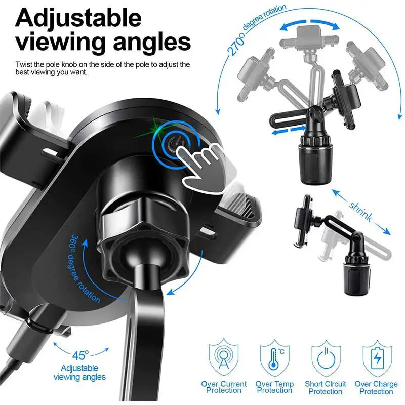 Universal Car Cup Phone Holder Qi 15W Wireless Car Charger Holder Automatic Infrared Smart Sensor Clamping Car Mount