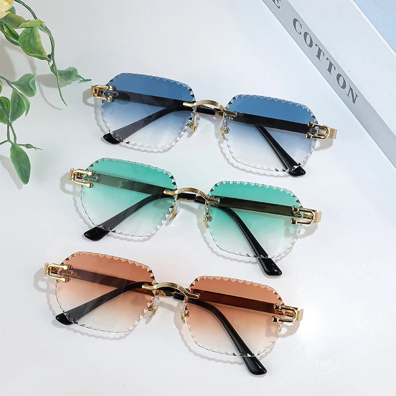 HBK Unisex Frameless Sunglasses Black PC Alloy Pink Blue Gradient Lens Polygon Rimless Design New Street Fashion Men Women