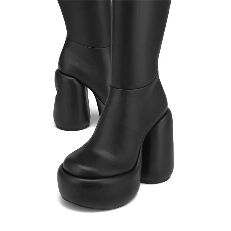 Women's Black Over Knee High Boots Botas Alto Chunky Platform Block Heels Zip Closure Winter Women's Shoes