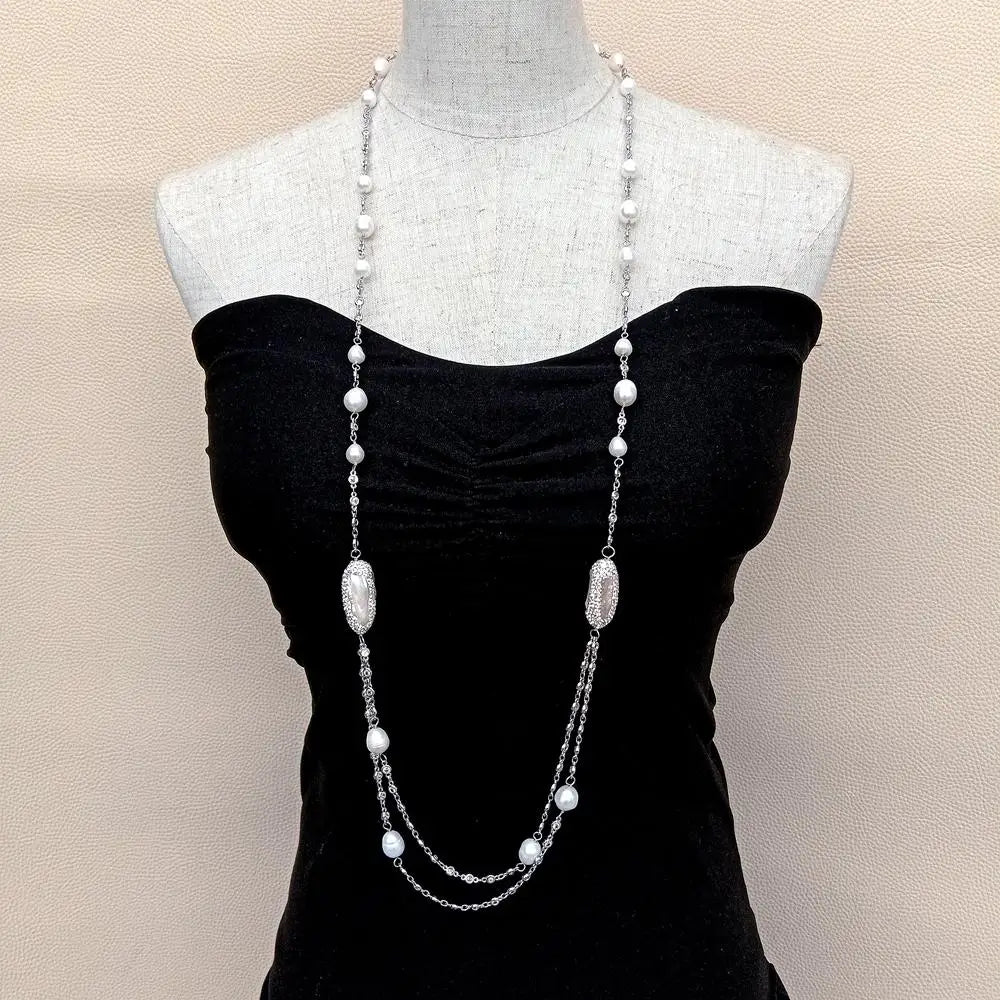 KKGEM Cultured White Biwa Pearl cz pave white gold plated bezel set Sweater chain Necklace Long Fashion Jewelry 40"
