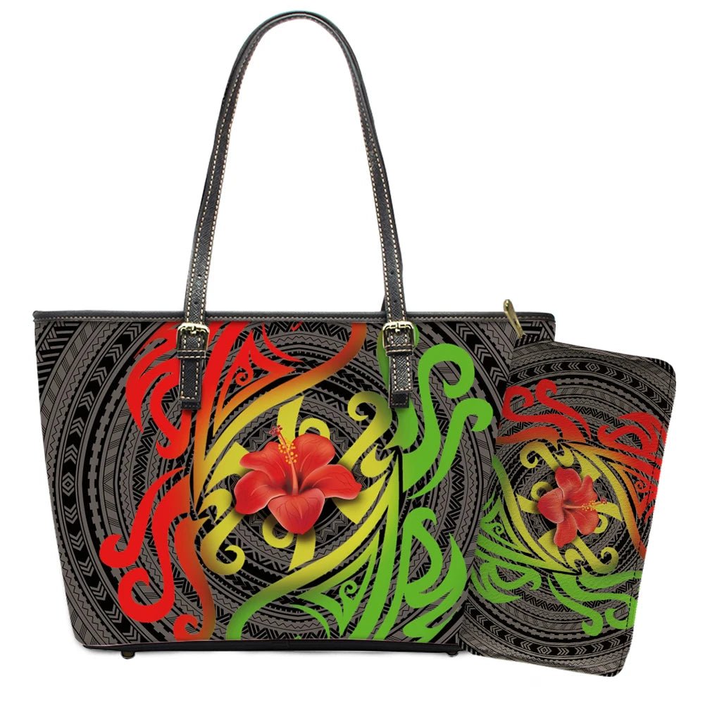 Elegant Polynesian Tribal Hawaii Tropical Leather Purses with Zipper Wallet Luxury Ladies Tote Bag Custom Women's Shoulder Bag